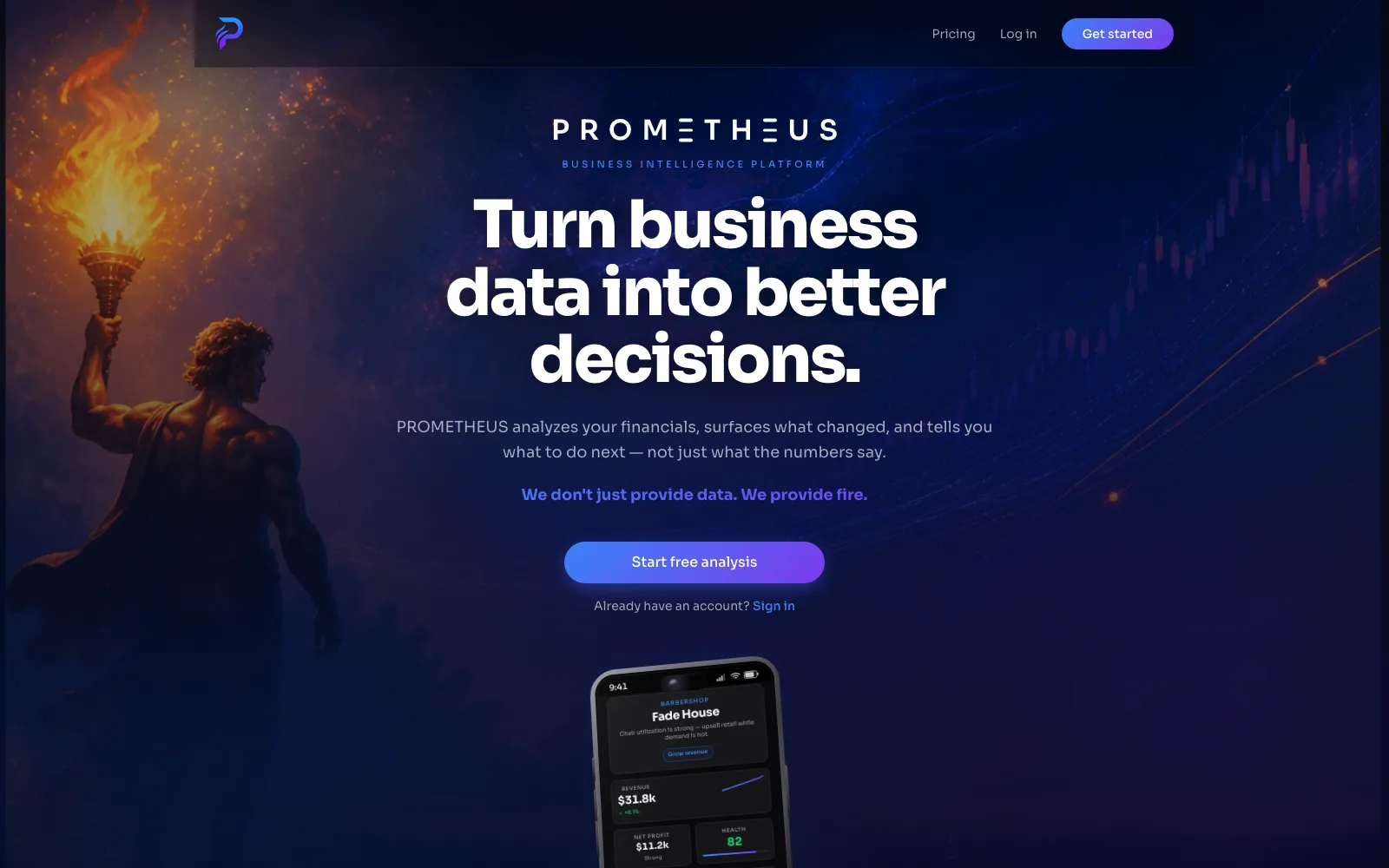 PROMETHEUS landing page with a torch-bearing figure and the headline Turn business data into better decisions